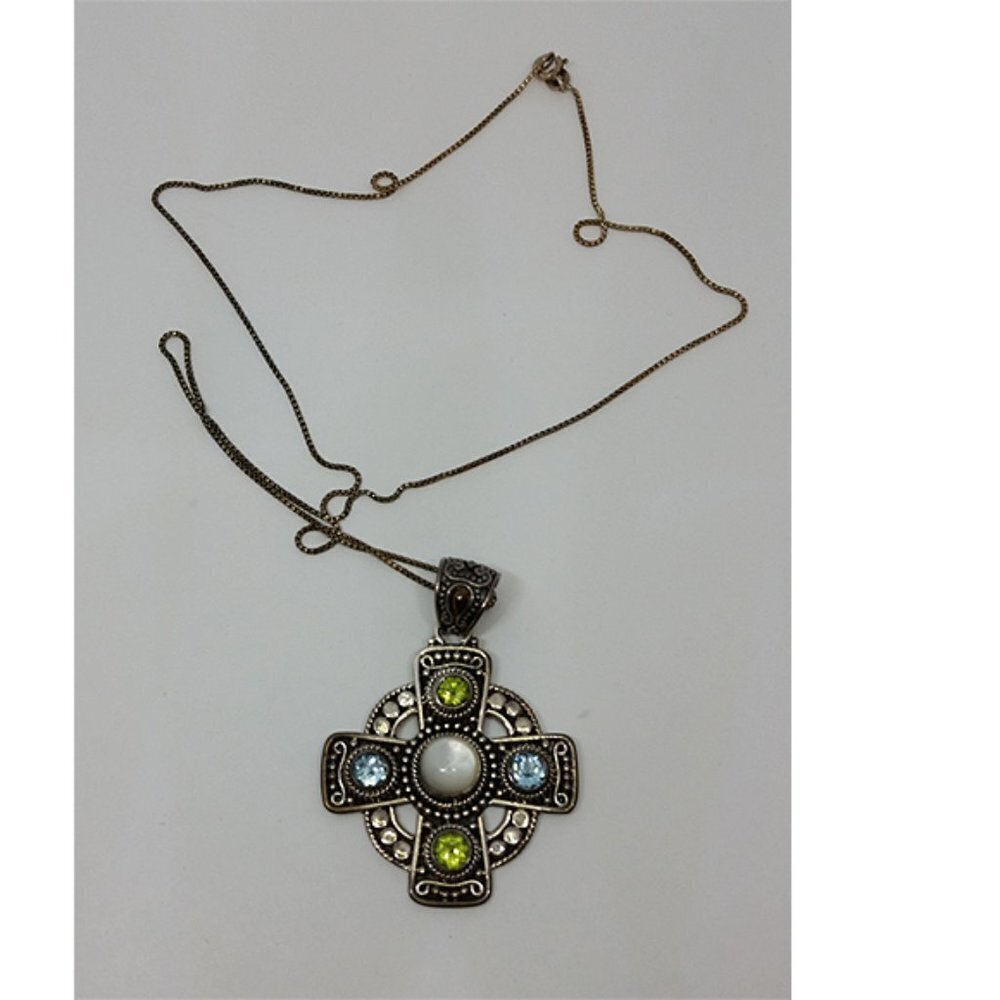SUARTI 18K GOLD 925 STERLING SILVER MOP BLUE TOPAZ PERIDOT CELTIC CROSS